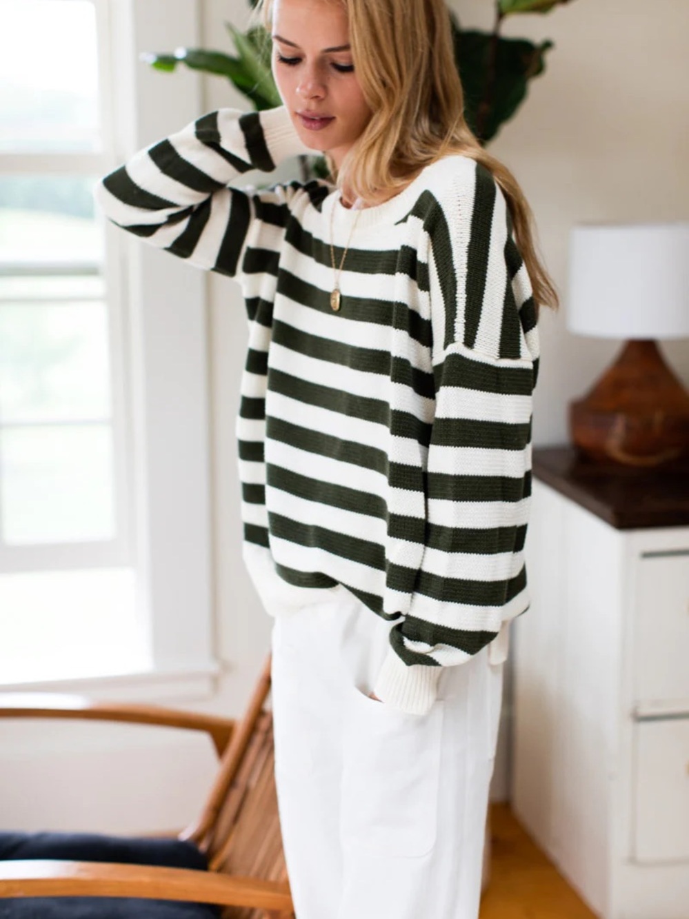 Emerson Fry Olive & White Striped Carolyn Crewneck Sweater S - Picture 2 of 8